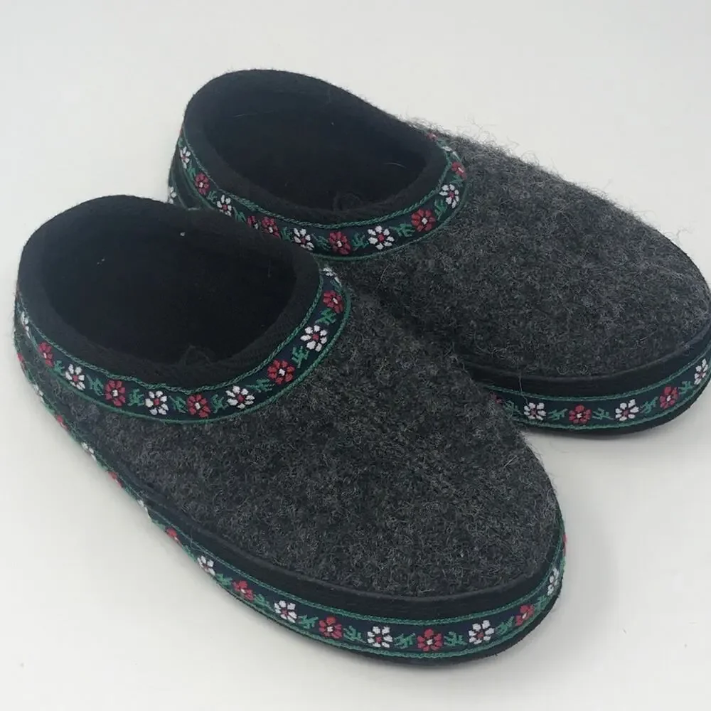 Kids Acorn Gray Wool Slippers floral trim 9.5-10.5